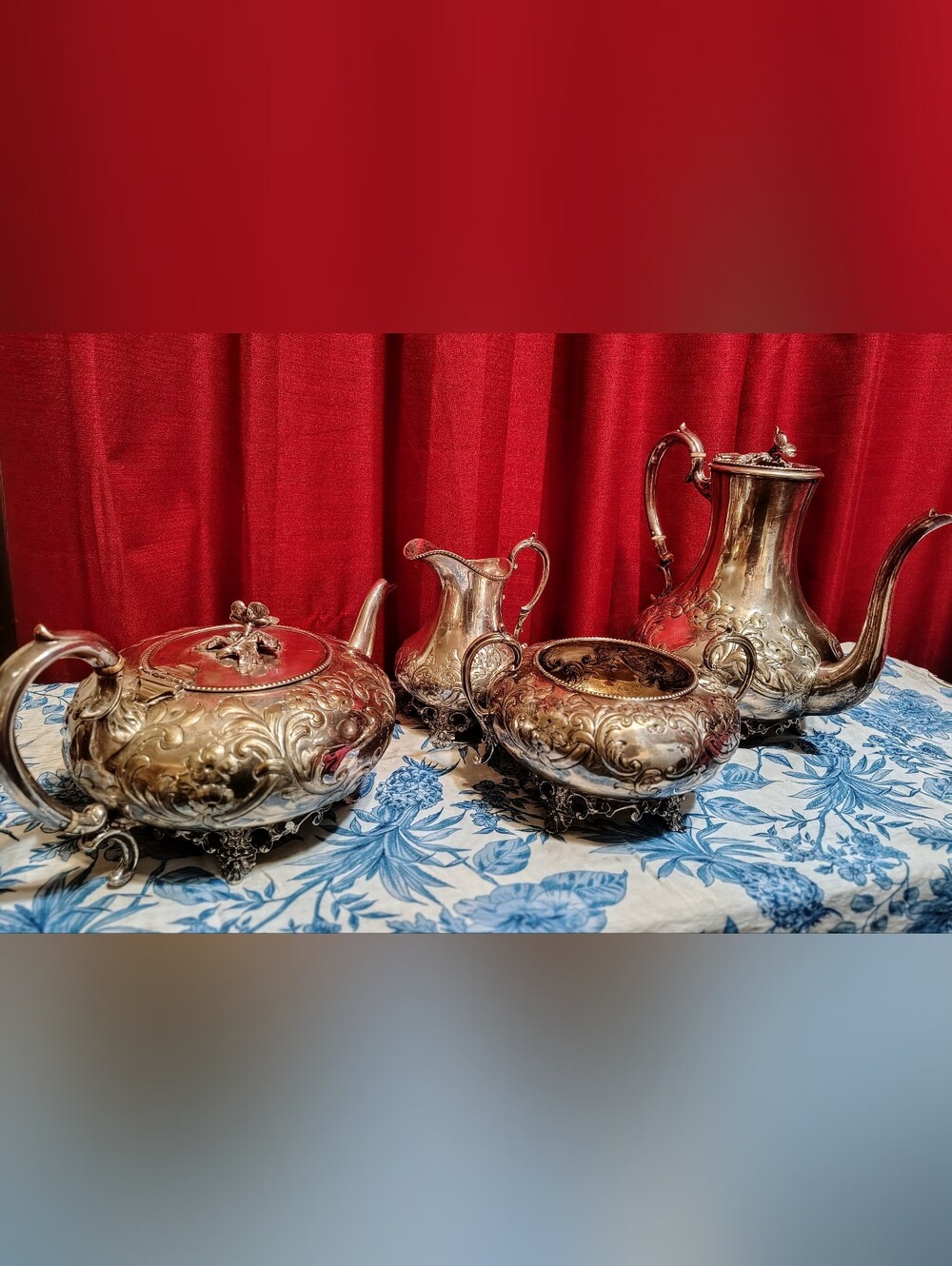 Exquisite Vintage Repoussé Silverplate Tea/Coffee Service Floral Footed 4 Pc Set
